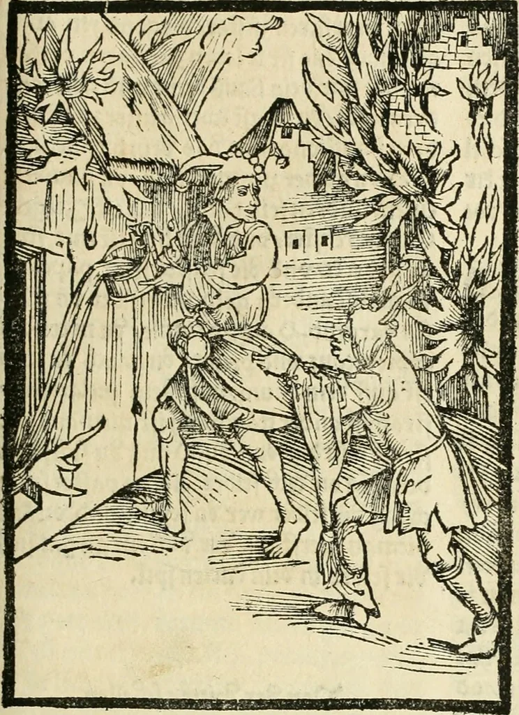 An illustration from Des hochwirdigen doctor Keiserspergs narenschiff : so er gepredigt hat zü Strassburg in der hohen stifft daselbst Predictãt d. zeit i498 dis geprediget :vnd vss latin in tütsch bracht, darin vil weissheit ist zü lerne, vnd leert auch die narreschel hinweck werffen ist nütz vnd güt alen menschen, 1520, leaf 230