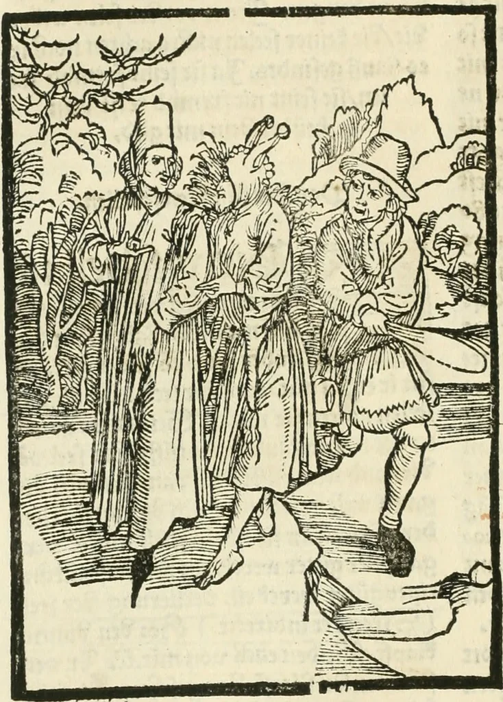 An illustration from Des hochwirdigen doctor Keiserspergs narenschiff : so er gepredigt hat zü Strassburg in der hohen stifft daselbst Predictãt d. zeit i498 dis geprediget :vnd vss latin in tütsch bracht, darin vil weissheit ist zü lerne, vnd leert auch die narreschel hinweck werffen ist nütz vnd güt alen menschen, 1520, leaf 233