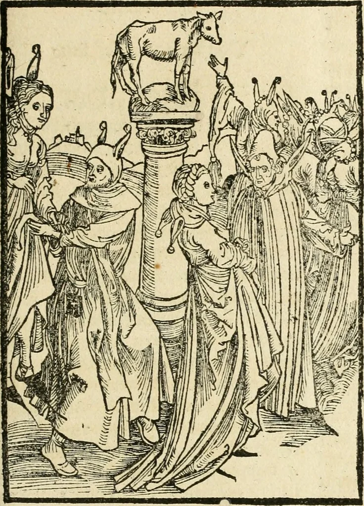 An illustration from Des hochwirdigen doctor Keiserspergs narenschiff : so er gepredigt hat zü Strassburg in der hohen stifft daselbst Predictãt d. zeit i498 dis geprediget :vnd vss latin in tütsch bracht, darin vil weissheit ist zü lerne, vnd leert auch die narreschel hinweck werffen ist nütz vnd güt alen menschen, 1520, leaf 240