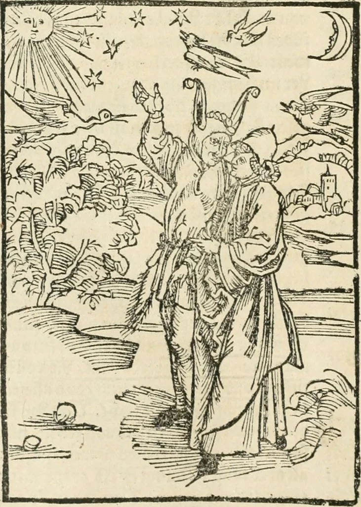 An illustration from Des hochwirdigen doctor Keiserspergs narenschiff : so er gepredigt hat zü Strassburg in der hohen stifft daselbst Predictãt d. zeit i498 dis geprediget :vnd vss latin in tütsch bracht, darin vil weissheit ist zü lerne, vnd leert auch die narreschel hinweck werffen ist nütz vnd güt alen menschen, 1520, leaf 253