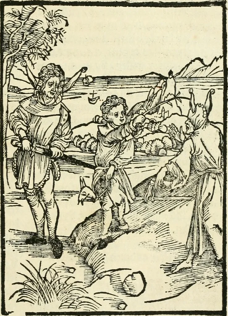 An illustration from Des hochwirdigen doctor Keiserspergs narenschiff : so er gepredigt hat zü Strassburg in der hohen stifft daselbst Predictãt d. zeit i498 dis geprediget :vnd vss latin in tütsch bracht, darin vil weissheit ist zü lerne, vnd leert auch die narreschel hinweck werffen ist nütz vnd güt alen menschen, 1520, leaf 260