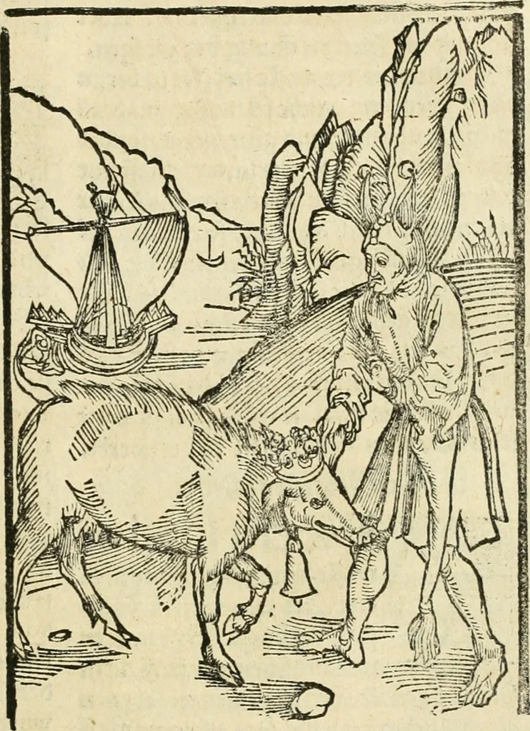 An illustration from Des hochwirdigen doctor Keiserspergs narenschiff : so er gepredigt hat zü Strassburg in der hohen stifft daselbst Predictãt d. zeit i498 dis geprediget :vnd vss latin in tütsch bracht, darin vil weissheit ist zü lerne, vnd leert auch die narreschel hinweck werffen ist nütz vnd güt alen menschen, 1520, leaf 272