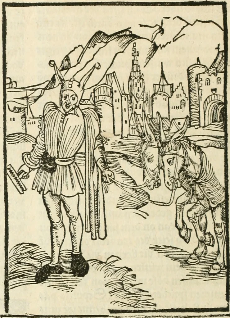An illustration from Des hochwirdigen doctor Keiserspergs narenschiff : so er gepredigt hat zü Strassburg in der hohen stifft daselbst Predictãt d. zeit i498 dis geprediget :vnd vss latin in tütsch bracht, darin vil weissheit ist zü lerne, vnd leert auch die narreschel hinweck werffen ist nütz vnd güt alen menschen, 1520, leaf 275
