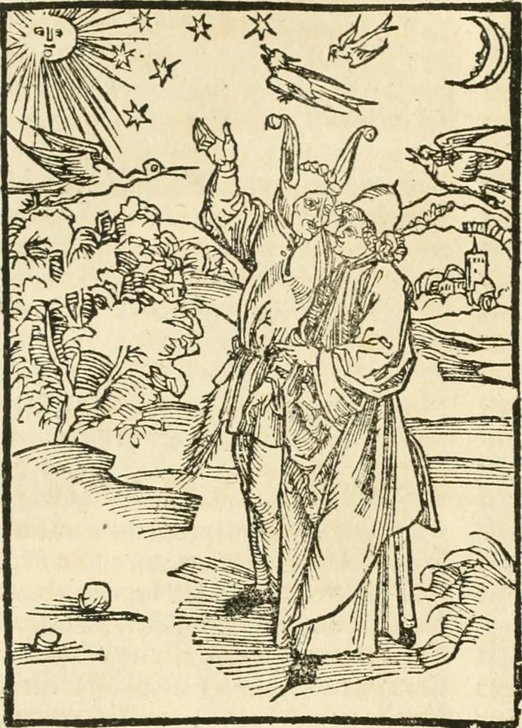 An illustration from Des hochwirdigen doctor Keiserspergs narenschiff : so er gepredigt hat zü Strassburg in der hohen stifft daselbst Predictãt d. zeit i498 dis geprediget :vnd vss latin in tütsch bracht, darin vil weissheit ist zü lerne, vnd leert auch die narreschel hinweck werffen ist nütz vnd güt alen menschen, 1520, leaf 287