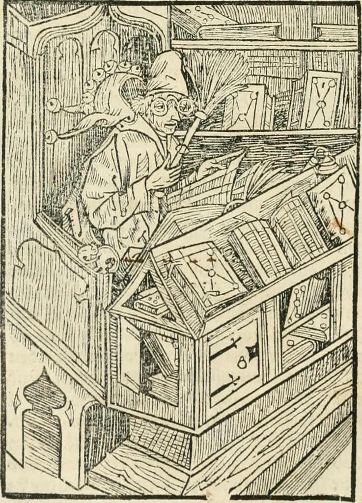 An illustration from Des hochwirdigen doctor Keiserspergs narenschiff : so er gepredigt hat zü Strassburg in der hohen stifft daselbst Predictãt d. zeit i498 dis geprediget :vnd vss latin in tütsch bracht, darin vil weissheit ist zü lerne, vnd leert auch die narreschel hinweck werffen ist nütz vnd güt alen menschen, 1520, leaf 29