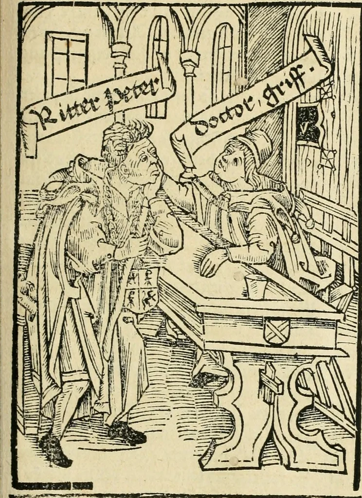 An illustration from Des hochwirdigen doctor Keiserspergs narenschiff : so er gepredigt hat zü Strassburg in der hohen stifft daselbst Predictãt d. zeit i498 dis geprediget :vnd vss latin in tütsch bracht, darin vil weissheit ist zü lerne, vnd leert auch die narreschel hinweck werffen ist nütz vnd güt alen menschen, 1520, leaf 296