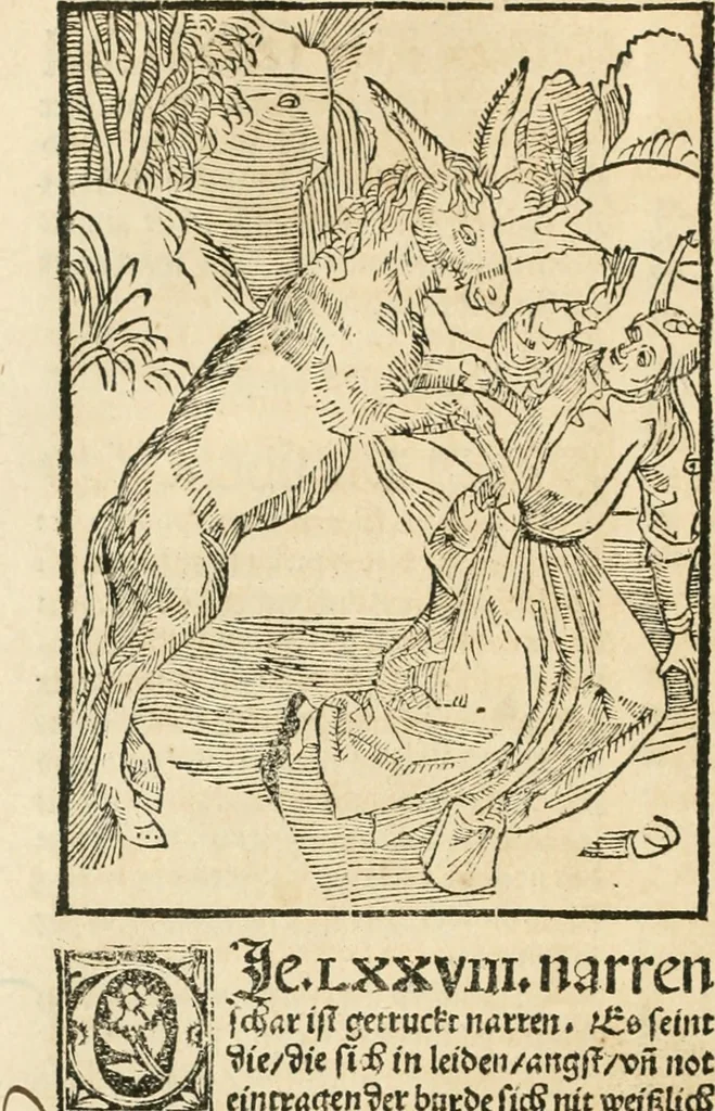 An illustration from Des hochwirdigen doctor Keiserspergs narenschiff : so er gepredigt hat zü Strassburg in der hohen stifft daselbst Predictãt d. zeit i498 dis geprediget :vnd vss latin in tütsch bracht, darin vil weissheit ist zü lerne, vnd leert auch die narreschel hinweck werffen ist nütz vnd güt alen menschen, 1520, leaf 309