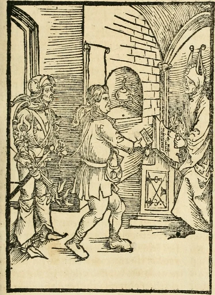 An illustration from Des hochwirdigen doctor Keiserspergs narenschiff : so er gepredigt hat zü Strassburg in der hohen stifft daselbst Predictãt d. zeit i498 dis geprediget :vnd vss latin in tütsch bracht, darin vil weissheit ist zü lerne, vnd leert auch die narreschel hinweck werffen ist nütz vnd güt alen menschen, 1520, leaf 312