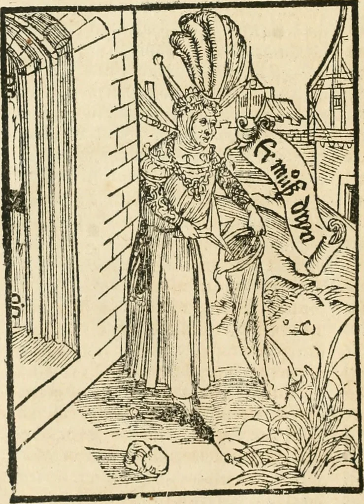An illustration from Des hochwirdigen doctor Keiserspergs narenschiff : so er gepredigt hat zü Strassburg in der hohen stifft daselbst Predictãt d. zeit i498 dis geprediget :vnd vss latin in tütsch bracht, darin vil weissheit ist zü lerne, vnd leert auch die narreschel hinweck werffen ist nütz vnd güt alen menschen, 1520, leaf 319