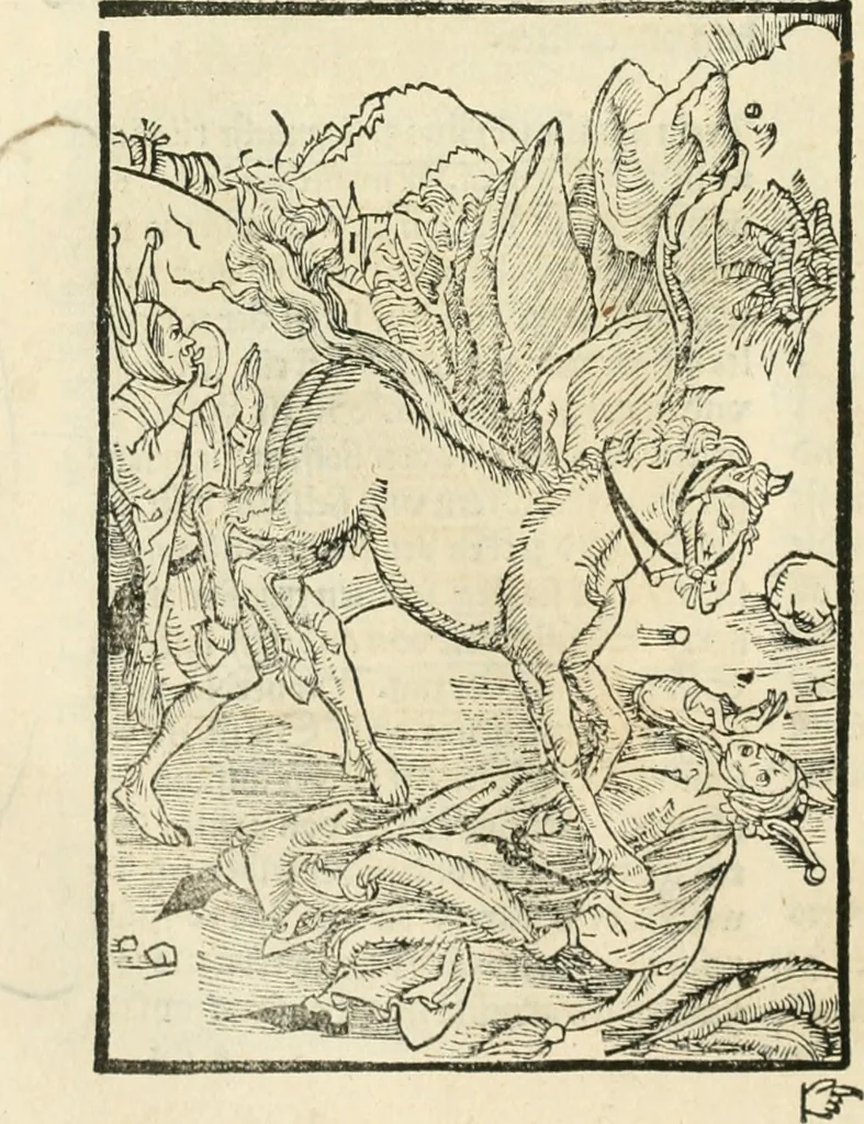 An illustration from Des hochwirdigen doctor Keiserspergs narenschiff : so er gepredigt hat zü Strassburg in der hohen stifft daselbst Predictãt d. zeit i498 dis geprediget :vnd vss latin in tütsch bracht, darin vil weissheit ist zü lerne, vnd leert auch die narreschel hinweck werffen ist nütz vnd güt alen menschen, 1520, leaf 325