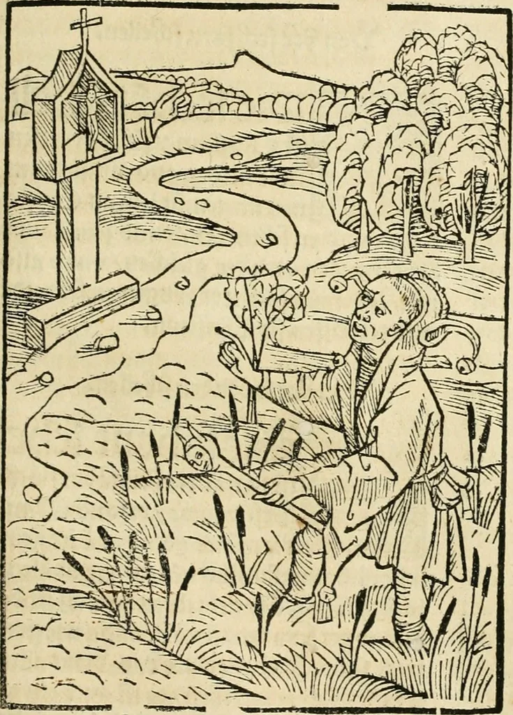 An illustration from Des hochwirdigen doctor Keiserspergs narenschiff : so er gepredigt hat zü Strassburg in der hohen stifft daselbst Predictãt d. zeit i498 dis geprediget :vnd vss latin in tütsch bracht, darin vil weissheit ist zü lerne, vnd leert auch die narreschel hinweck werffen ist nütz vnd güt alen menschen, 1520, leaf 332
