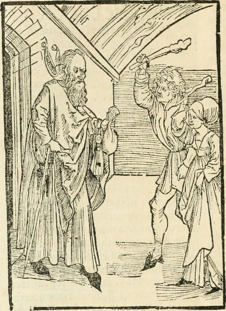 An illustration from Des hochwirdigen doctor Keiserspergs narenschiff : so er gepredigt hat zü Strassburg in der hohen stifft daselbst Predictãt d. zeit i498 dis geprediget :vnd vss latin in tütsch bracht, darin vil weissheit ist zü lerne, vnd leert auch die narreschel hinweck werffen ist nütz vnd güt alen menschen, 1520, leaf 343