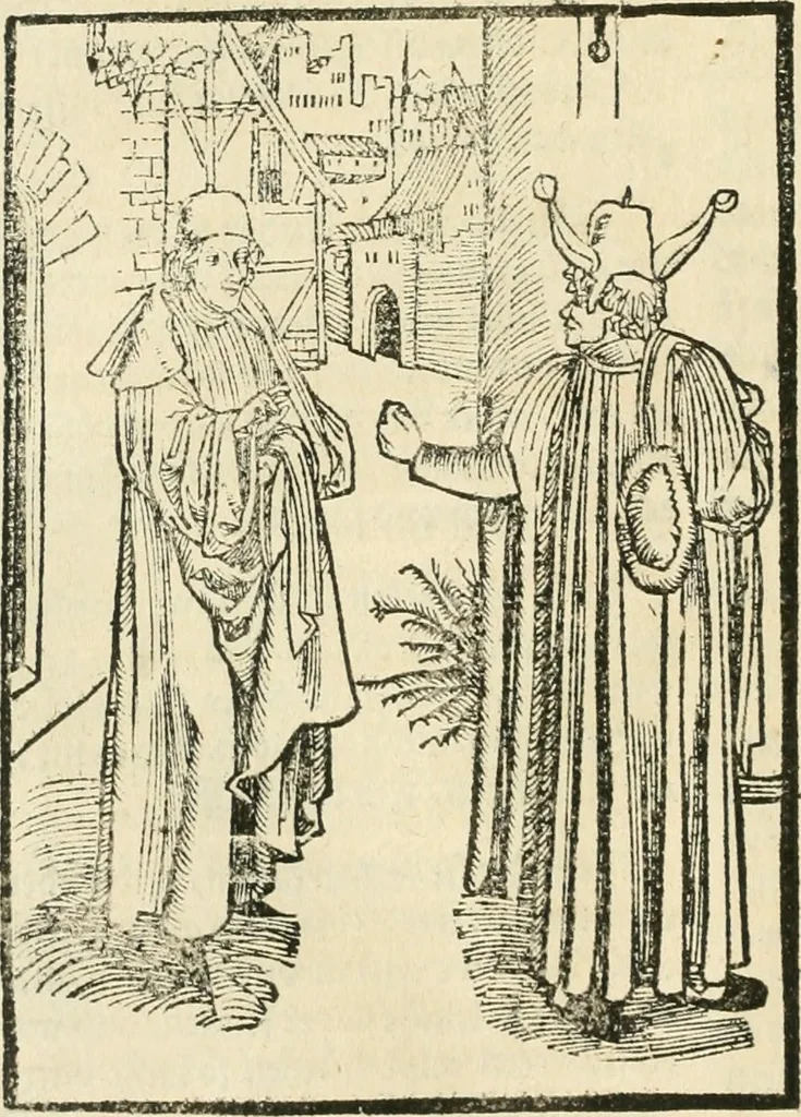 An illustration from Des hochwirdigen doctor Keiserspergs narenschiff : so er gepredigt hat zü Strassburg in der hohen stifft daselbst Predictãt d. zeit i498 dis geprediget :vnd vss latin in tütsch bracht, darin vil weissheit ist zü lerne, vnd leert auch die narreschel hinweck werffen ist nütz vnd güt alen menschen, 1520, leaf 347