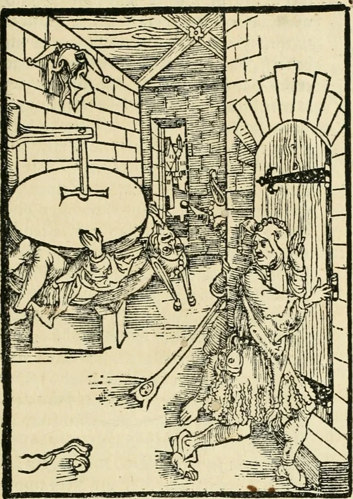 An illustration from Des hochwirdigen doctor Keiserspergs narenschiff : so er gepredigt hat zü Strassburg in der hohen stifft daselbst Predictãt d. zeit i498 dis geprediget :vnd vss latin in tütsch bracht, darin vil weissheit ist zü lerne, vnd leert auch die narreschel hinweck werffen ist nütz vnd güt alen menschen, 1520, leaf 356