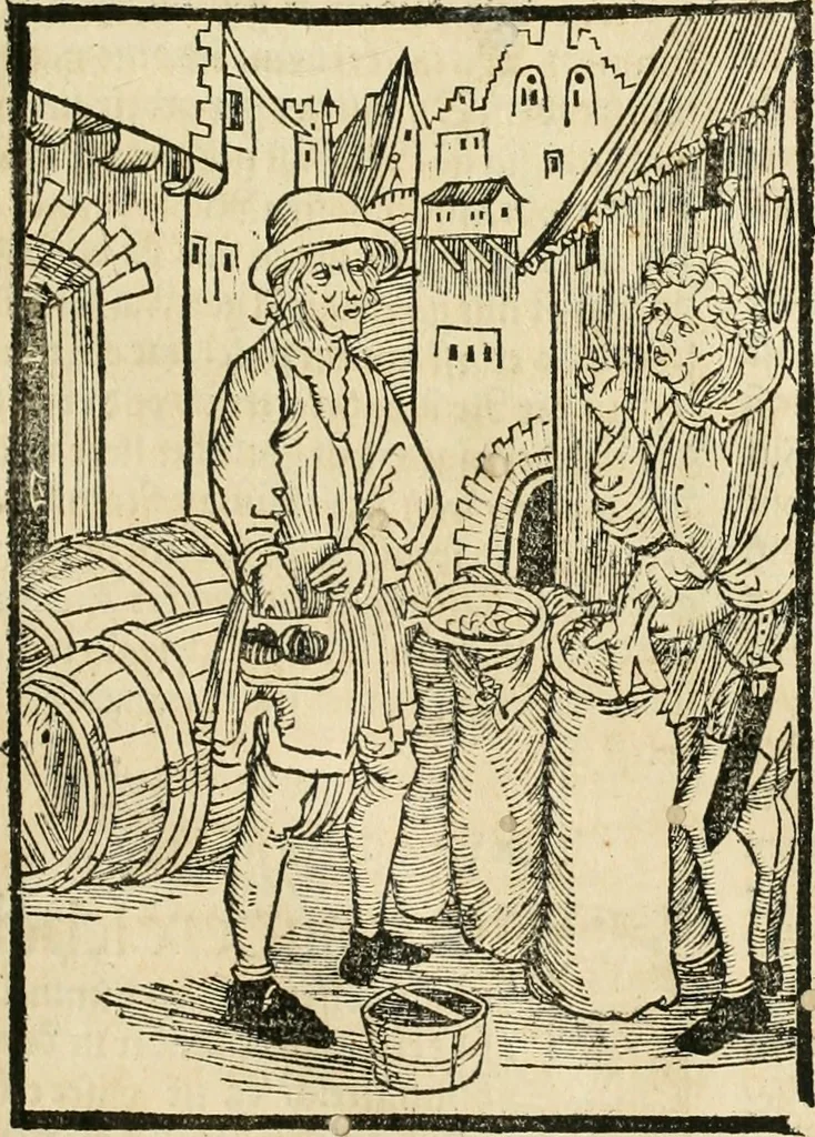 An illustration from Des hochwirdigen doctor Keiserspergs narenschiff : so er gepredigt hat zü Strassburg in der hohen stifft daselbst Predictãt d. zeit i498 dis geprediget :vnd vss latin in tütsch bracht, darin vil weissheit ist zü lerne, vnd leert auch die narreschel hinweck werffen ist nütz vnd güt alen menschen, 1520, leaf 358