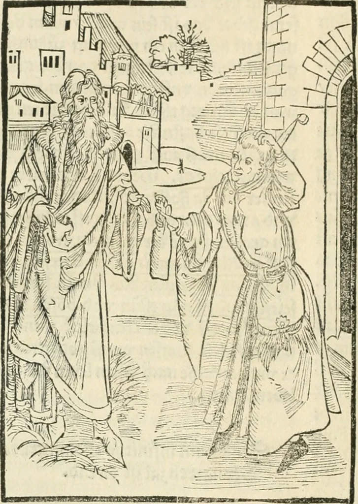 An illustration from Des hochwirdigen doctor Keiserspergs narenschiff : so er gepredigt hat zü Strassburg in der hohen stifft daselbst Predictãt d. zeit i498 dis geprediget :vnd vss latin in tütsch bracht, darin vil weissheit ist zü lerne, vnd leert auch die narreschel hinweck werffen ist nütz vnd güt alen menschen, 1520, leaf 361