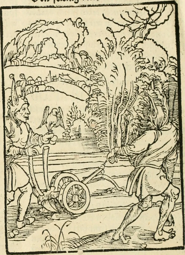 An illustration from Des hochwirdigen doctor Keiserspergs narenschiff : so er gepredigt hat zü Strassburg in der hohen stifft daselbst Predictãt d. zeit i498 dis geprediget :vnd vss latin in tütsch bracht, darin vil weissheit ist zü lerne, vnd leert auch die narreschel hinweck werffen ist nütz vnd güt alen menschen, 1520, leaf 367
