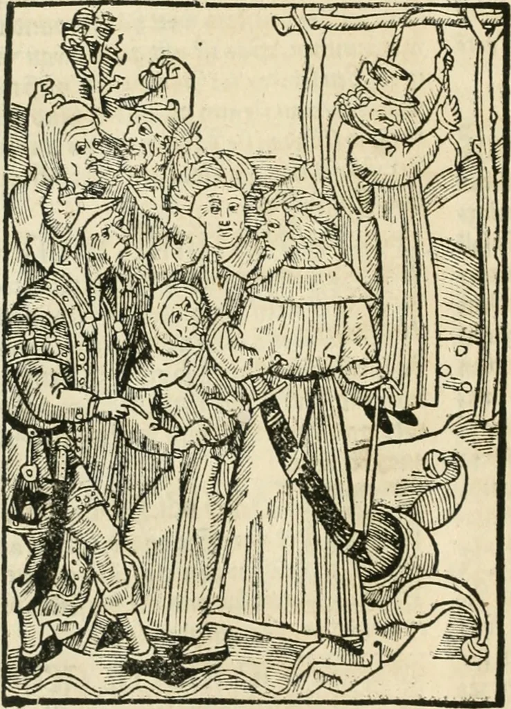 An illustration from Des hochwirdigen doctor Keiserspergs narenschiff : so er gepredigt hat zü Strassburg in der hohen stifft daselbst Predictãt d. zeit i498 dis geprediget :vnd vss latin in tütsch bracht, darin vil weissheit ist zü lerne, vnd leert auch die narreschel hinweck werffen ist nütz vnd güt alen menschen, 1520, leaf 371