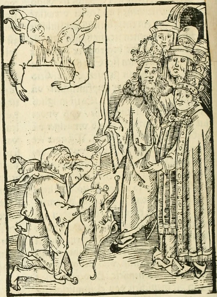 An illustration from Des hochwirdigen doctor Keiserspergs narenschiff : so er gepredigt hat zü Strassburg in der hohen stifft daselbst Predictãt d. zeit i498 dis geprediget :vnd vss latin in tütsch bracht, darin vil weissheit ist zü lerne, vnd leert auch die narreschel hinweck werffen ist nütz vnd güt alen menschen, 1520, leaf 373