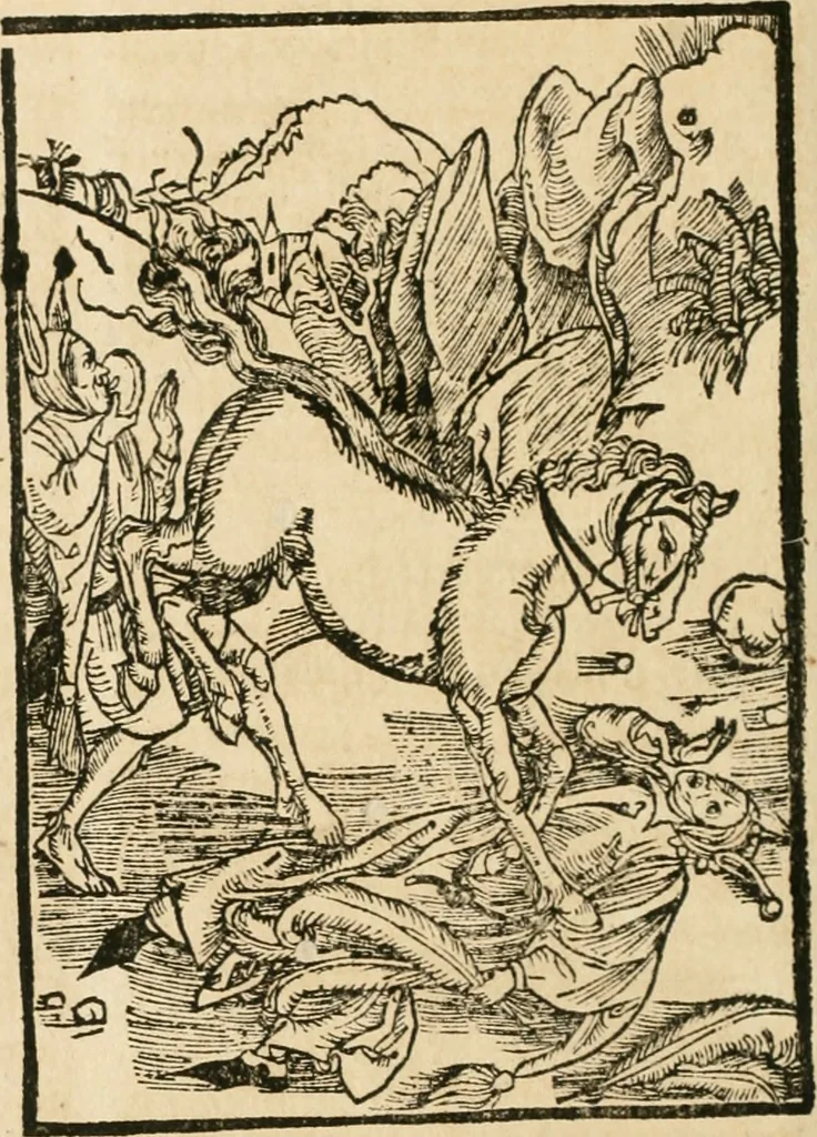 An illustration from Des hochwirdigen doctor Keiserspergs narenschiff : so er gepredigt hat zü Strassburg in der hohen stifft daselbst Predictãt d. zeit i498 dis geprediget :vnd vss latin in tütsch bracht, darin vil weissheit ist zü lerne, vnd leert auch die narreschel hinweck werffen ist nütz vnd güt alen menschen, 1520, leaf 377