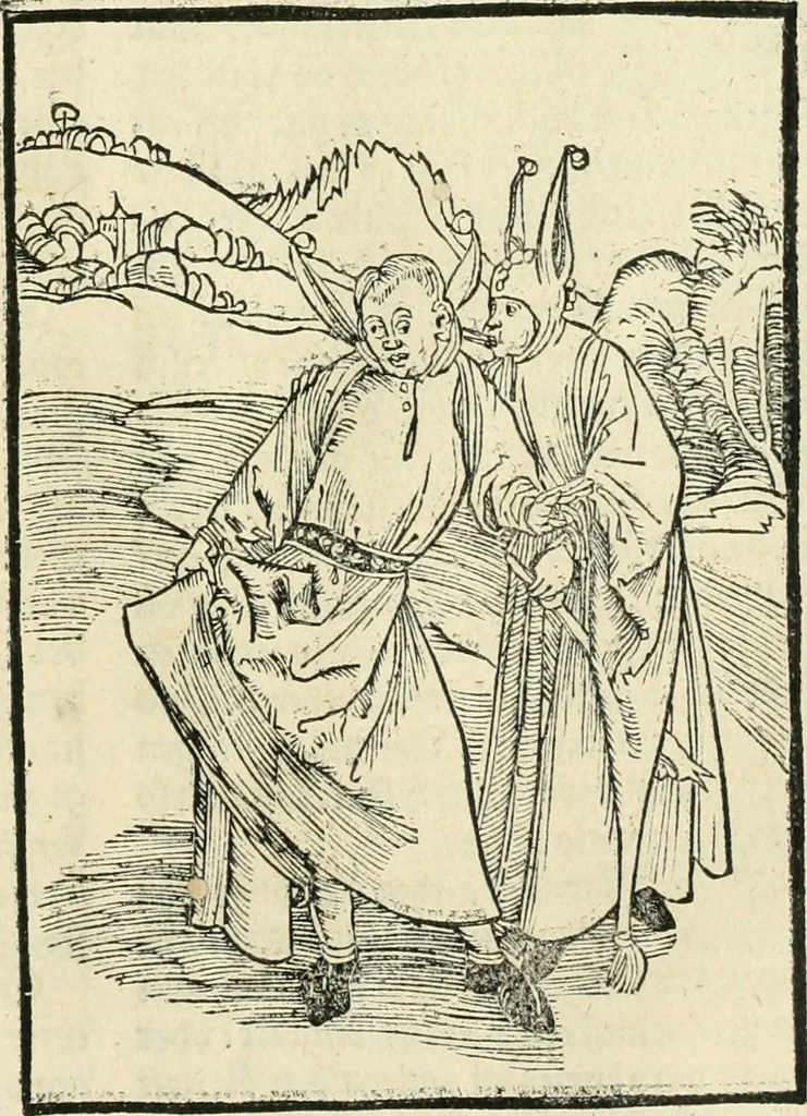 An illustration from Des hochwirdigen doctor Keiserspergs narenschiff : so er gepredigt hat zü Strassburg in der hohen stifft daselbst Predictãt d. zeit i498 dis geprediget :vnd vss latin in tütsch bracht, darin vil weissheit ist zü lerne, vnd leert auch die narreschel hinweck werffen ist nütz vnd güt alen menschen, 1520, leaf 380
