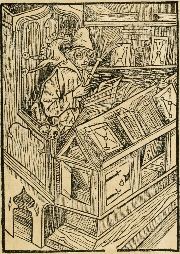 An illustration from Des hochwirdigen doctor Keiserspergs narenschiff : so er gepredigt hat zü Strassburg in der hohen stifft daselbst Predictãt d. zeit i498 dis geprediget :vnd vss latin in tütsch bracht, darin vil weissheit ist zü lerne, vnd leert auch die narreschel hinweck werffen ist nütz vnd güt alen menschen, 1520, leaf 386
