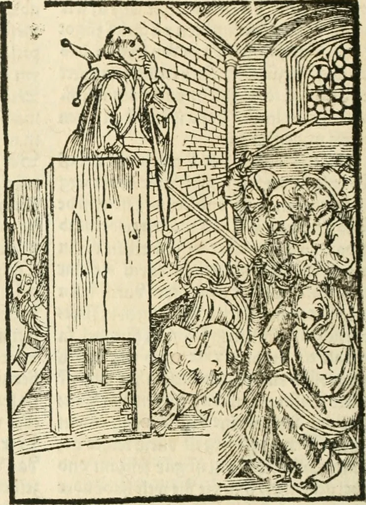 An illustration from Des hochwirdigen doctor Keiserspergs narenschiff : so er gepredigt hat zü Strassburg in der hohen stifft daselbst Predictãt d. zeit i498 dis geprediget :vnd vss latin in tütsch bracht, darin vil weissheit ist zü lerne, vnd leert auch die narreschel hinweck werffen ist nütz vnd güt alen menschen, 1520, leaf 389