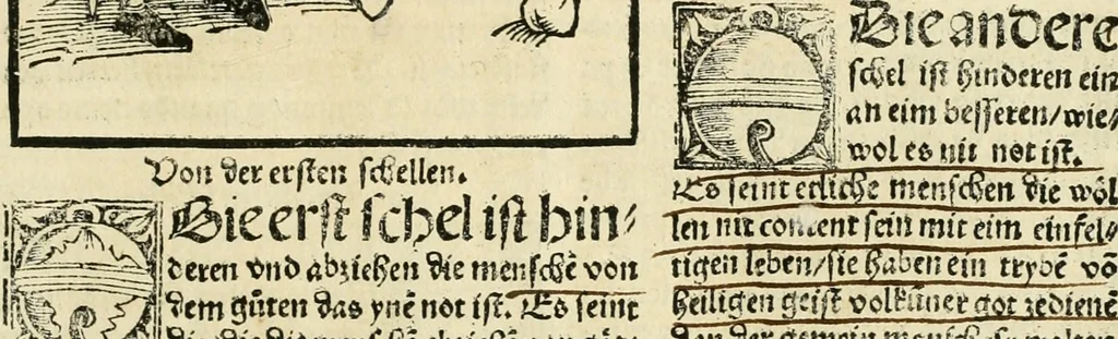 An illustration from Des hochwirdigen doctor Keiserspergs narenschiff : so er gepredigt hat zü Strassburg in der hohen stifft daselbst Predictãt d. zeit i498 dis geprediget :vnd vss latin in tütsch bracht, darin vil weissheit ist zü lerne, vnd leert auch die narreschel hinweck werffen ist nütz vnd güt alen menschen, 1520, leaf 392