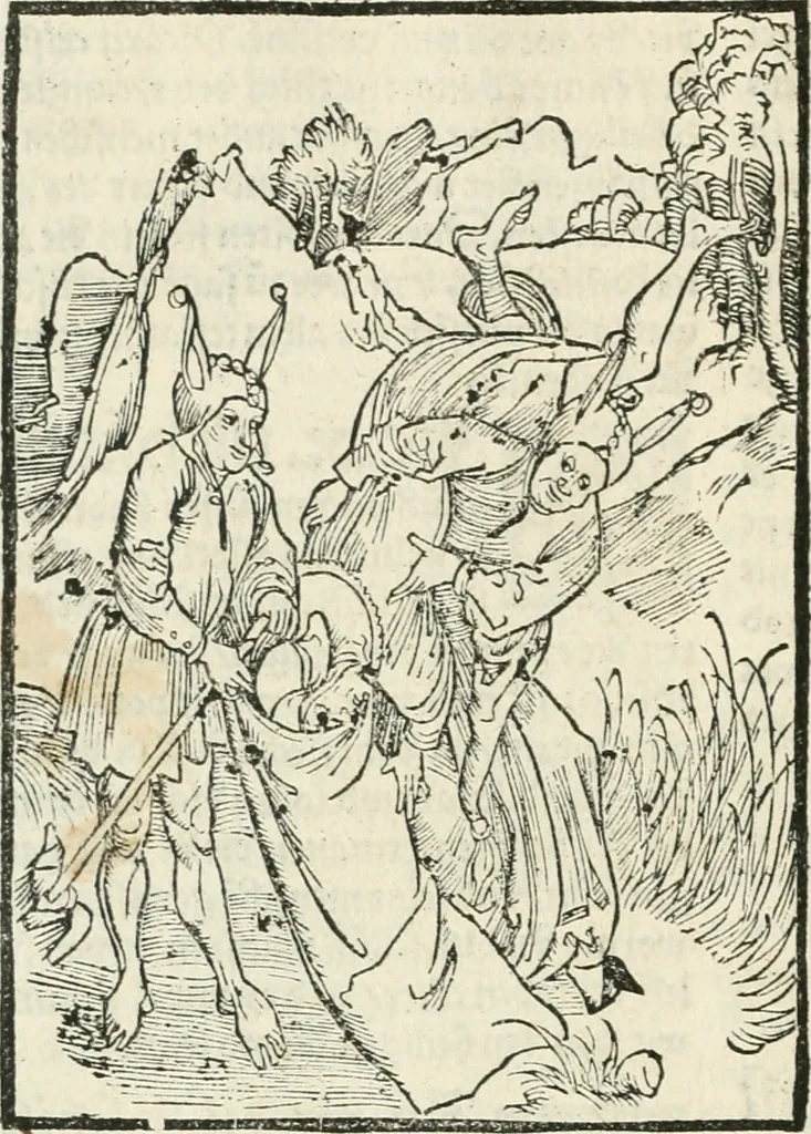 An illustration from Des hochwirdigen doctor Keiserspergs narenschiff : so er gepredigt hat zü Strassburg in der hohen stifft daselbst Predictãt d. zeit i498 dis geprediget :vnd vss latin in tütsch bracht, darin vil weissheit ist zü lerne, vnd leert auch die narreschel hinweck werffen ist nütz vnd güt alen menschen, 1520, leaf 403