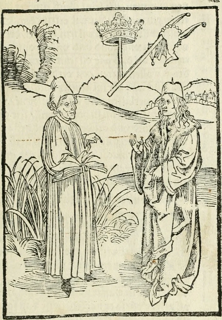 An illustration from Des hochwirdigen doctor Keiserspergs narenschiff : so er gepredigt hat zü Strassburg in der hohen stifft daselbst Predictãt d. zeit i498 dis geprediget :vnd vss latin in tütsch bracht, darin vil weissheit ist zü lerne, vnd leert auch die narreschel hinweck werffen ist nütz vnd güt alen menschen, 1520, leaf 430