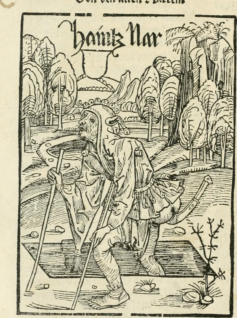 An illustration from Des hochwirdigen doctor Keiserspergs narenschiff : so er gepredigt hat zü Strassburg in der hohen stifft daselbst Predictãt d. zeit i498 dis geprediget :vnd vss latin in tütsch bracht, darin vil weissheit ist zü lerne, vnd leert auch die narreschel hinweck werffen ist nütz vnd güt alen menschen, 1520, leaf 47