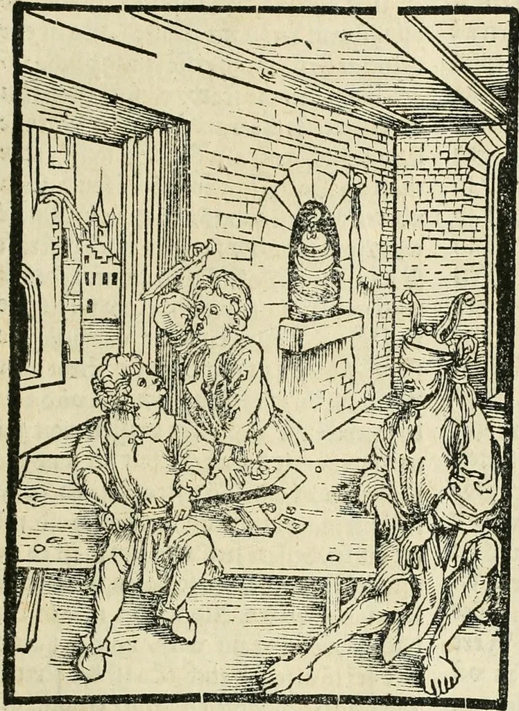 An illustration from Des hochwirdigen doctor Keiserspergs narenschiff : so er gepredigt hat zü Strassburg in der hohen stifft daselbst Predictãt d. zeit i498 dis geprediget :vnd vss latin in tütsch bracht, darin vil weissheit ist zü lerne, vnd leert auch die narreschel hinweck werffen ist nütz vnd güt alen menschen, 1520, leaf 50