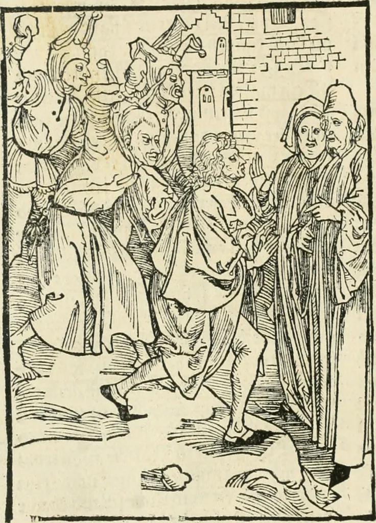 An illustration from Des hochwirdigen doctor Keiserspergs narenschiff : so er gepredigt hat zü Strassburg in der hohen stifft daselbst Predictãt d. zeit i498 dis geprediget :vnd vss latin in tütsch bracht, darin vil weissheit ist zü lerne, vnd leert auch die narreschel hinweck werffen ist nütz vnd güt alen menschen, 1520, leaf 53