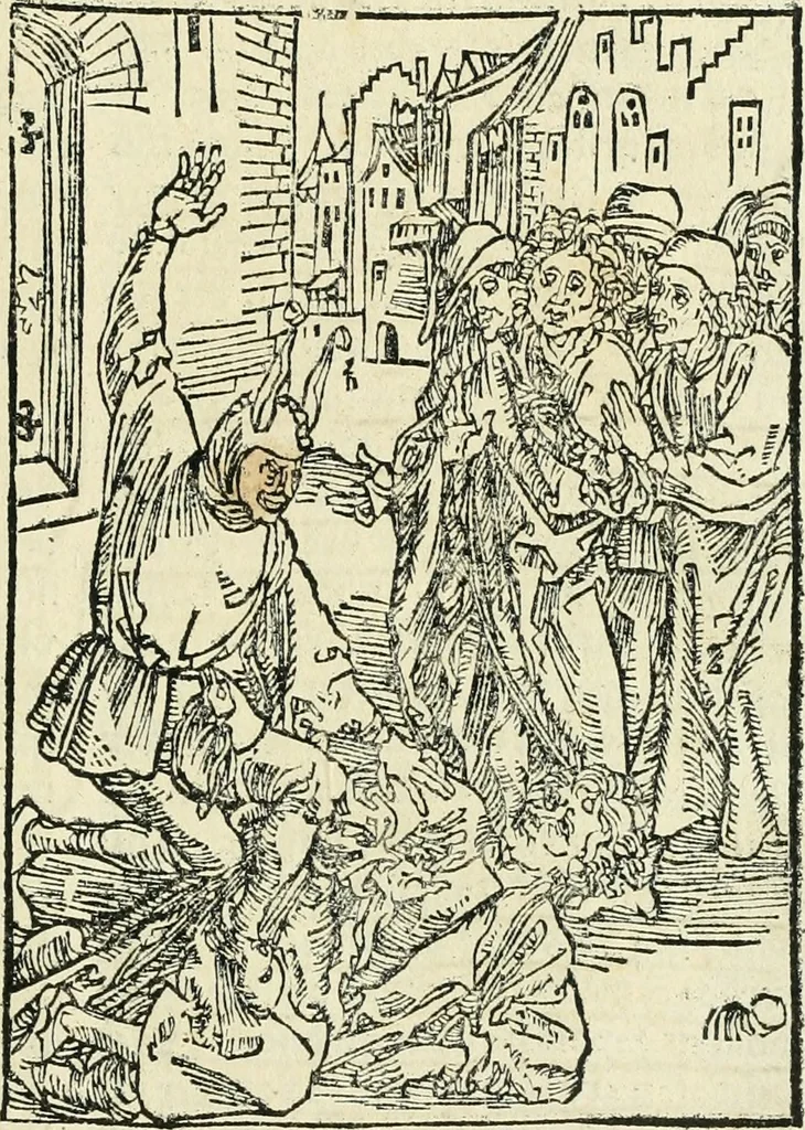 An illustration from Des hochwirdigen doctor Keiserspergs narenschiff : so er gepredigt hat zü Strassburg in der hohen stifft daselbst Predictãt d. zeit i498 dis geprediget :vnd vss latin in tütsch bracht, darin vil weissheit ist zü lerne, vnd leert auch die narreschel hinweck werffen ist nütz vnd güt alen menschen, 1520, leaf 56