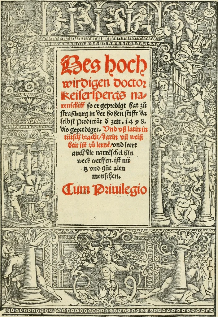 An illustration from Des hochwirdigen doctor Keiserspergs narenschiff : so er gepredigt hat zü Strassburg in der hohen stifft daselbst Predictãt d. zeit i498 dis geprediget :vnd vss latin in tütsch bracht, darin vil weissheit ist zü lerne, vnd leert auch die narreschel hinweck werffen ist nütz vnd güt alen menschen, 1520, leaf 6