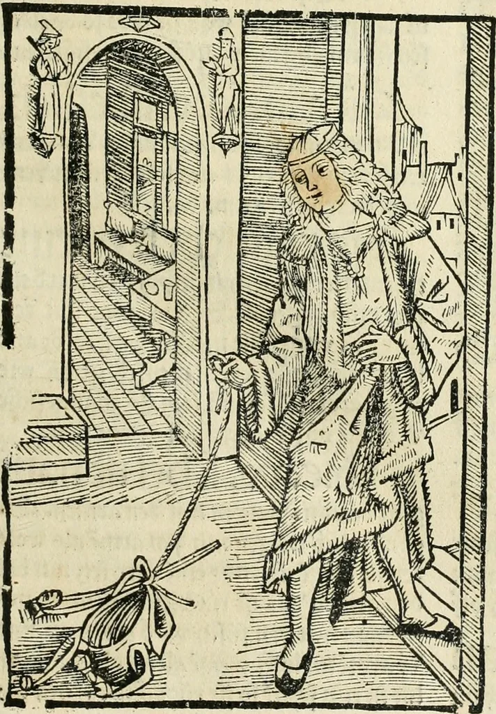 An illustration from Des hochwirdigen doctor Keiserspergs narenschiff : so er gepredigt hat zü Strassburg in der hohen stifft daselbst Predictãt d. zeit i498 dis geprediget :vnd vss latin in tütsch bracht, darin vil weissheit ist zü lerne, vnd leert auch die narreschel hinweck werffen ist nütz vnd güt alen menschen, 1520, leaf 60