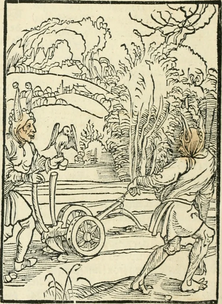 An illustration from Des hochwirdigen doctor Keiserspergs narenschiff : so er gepredigt hat zü Strassburg in der hohen stifft daselbst Predictãt d. zeit i498 dis geprediget :vnd vss latin in tütsch bracht, darin vil weissheit ist zü lerne, vnd leert auch die narreschel hinweck werffen ist nütz vnd güt alen menschen, 1520, leaf 63