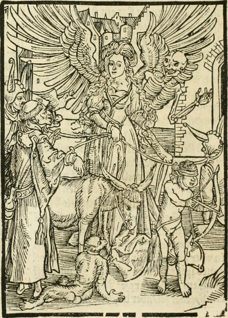 An illustration from Des hochwirdigen doctor Keiserspergs narenschiff : so er gepredigt hat zü Strassburg in der hohen stifft daselbst Predictãt d. zeit i498 dis geprediget :vnd vss latin in tütsch bracht, darin vil weissheit ist zü lerne, vnd leert auch die narreschel hinweck werffen ist nütz vnd güt alen menschen, 1520, leaf 73
