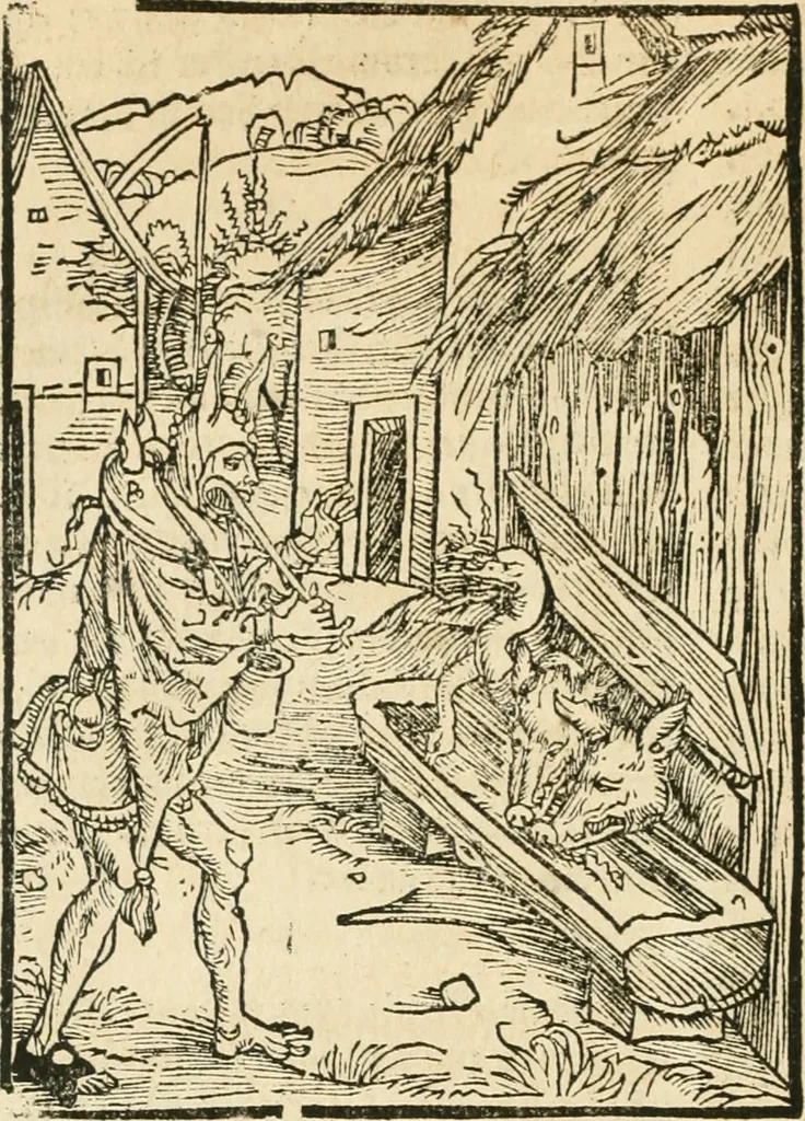 An illustration from Des hochwirdigen doctor Keiserspergs narenschiff : so er gepredigt hat zü Strassburg in der hohen stifft daselbst Predictãt d. zeit i498 dis geprediget :vnd vss latin in tütsch bracht, darin vil weissheit ist zü lerne, vnd leert auch die narreschel hinweck werffen ist nütz vnd güt alen menschen, 1520, leaf 79