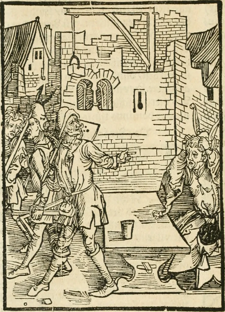 An illustration from Des hochwirdigen doctor Keiserspergs narenschiff : so er gepredigt hat zü Strassburg in der hohen stifft daselbst Predictãt d. zeit i498 dis geprediget :vnd vss latin in tütsch bracht, darin vil weissheit ist zü lerne, vnd leert auch die narreschel hinweck werffen ist nütz vnd güt alen menschen, 1520, leaf 83