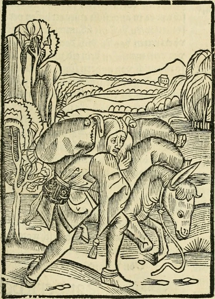 An illustration from Des hochwirdigen doctor Keiserspergs narenschiff : so er gepredigt hat zü Strassburg in der hohen stifft daselbst Predictãt d. zeit i498 dis geprediget :vnd vss latin in tütsch bracht, darin vil weissheit ist zü lerne, vnd leert auch die narreschel hinweck werffen ist nütz vnd güt alen menschen, 1520, leaf 94