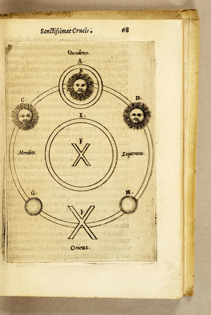 An illustration from De signis sanctissimae crucis, : quae diuersis olim orbis regionibus, & nuper hoc anno 1591. in Gallia & Anglia diuinitus ostensa sunt, & eorum explicatione,, 1591, leaf 77