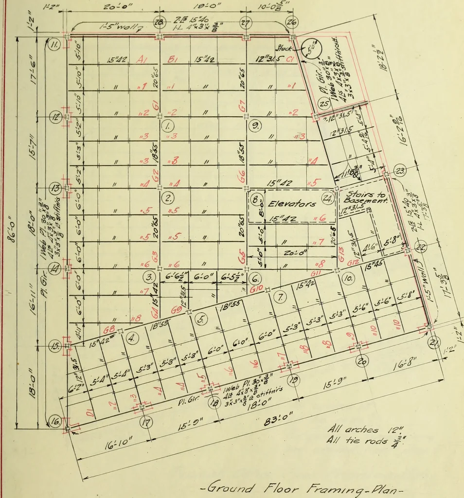 An illustration from Design of a steel skeleton office building, 1911, leaf 62