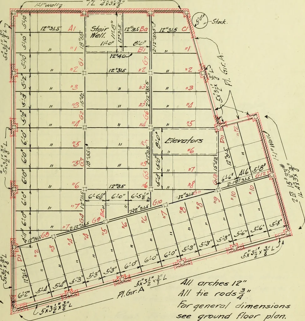 An illustration from Design of a steel skeleton office building, 1911, leaf 64