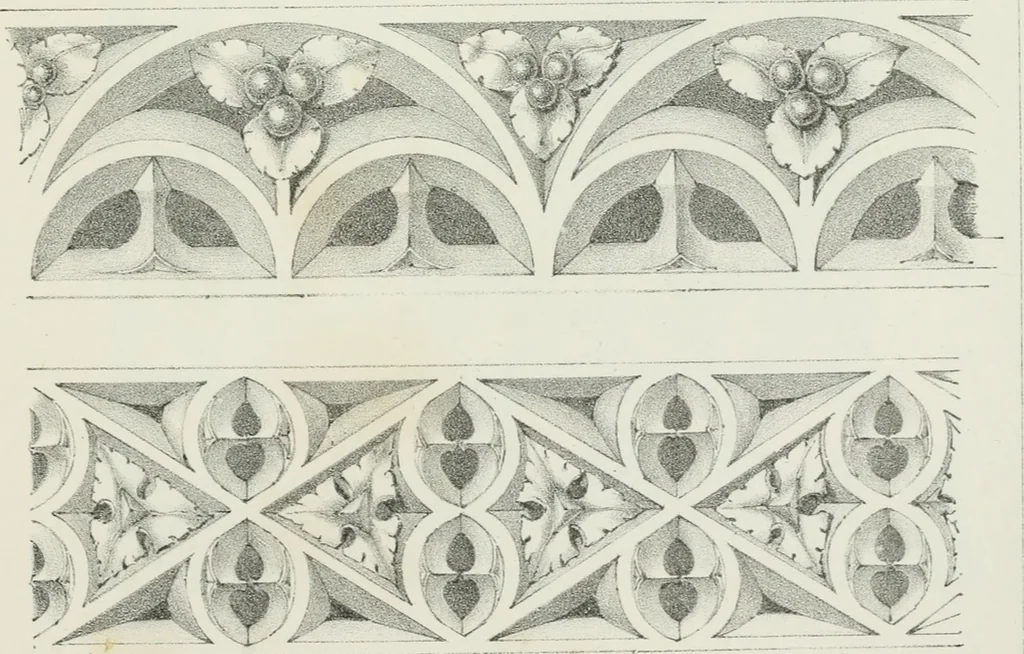 An illustration from Designs for Gothic ornaments & furniture, after the ancient manner, for ecclesiastical and domestic purposes, for the use of architects, and workers in metal, stone, wood, etc., etc, 1854, leaf 104