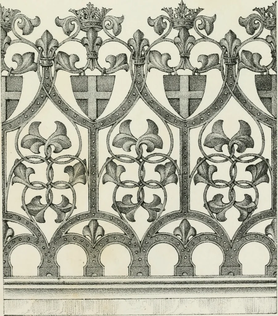 An illustration from Designs for Gothic ornaments & furniture, after the ancient manner, for ecclesiastical and domestic purposes, for the use of architects, and workers in metal, stone, wood, etc., etc, 1854, leaf 106