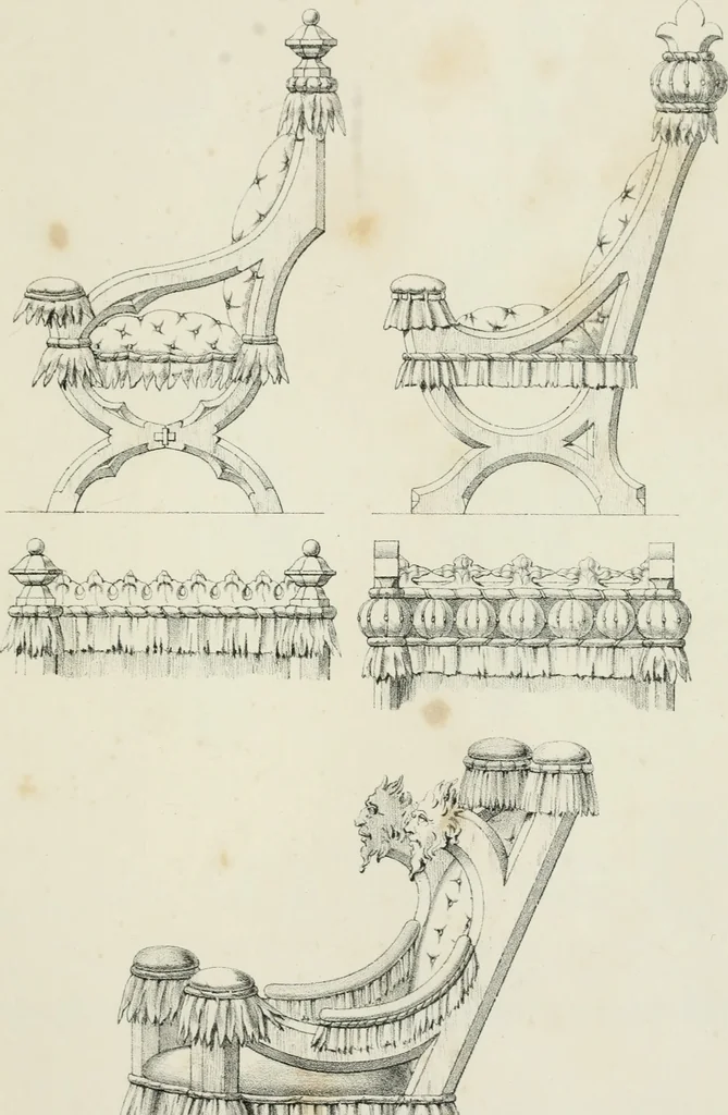 An illustration from Designs for Gothic ornaments & furniture, after the ancient manner, for ecclesiastical and domestic purposes, for the use of architects, and workers in metal, stone, wood, etc., etc, 1854, leaf 14