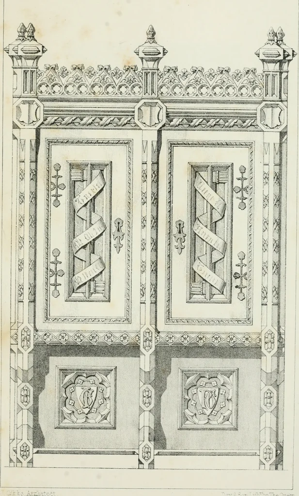 An illustration from Designs for Gothic ornaments & furniture, after the ancient manner, for ecclesiastical and domestic purposes, for the use of architects, and workers in metal, stone, wood, etc., etc, 1854, leaf 18
