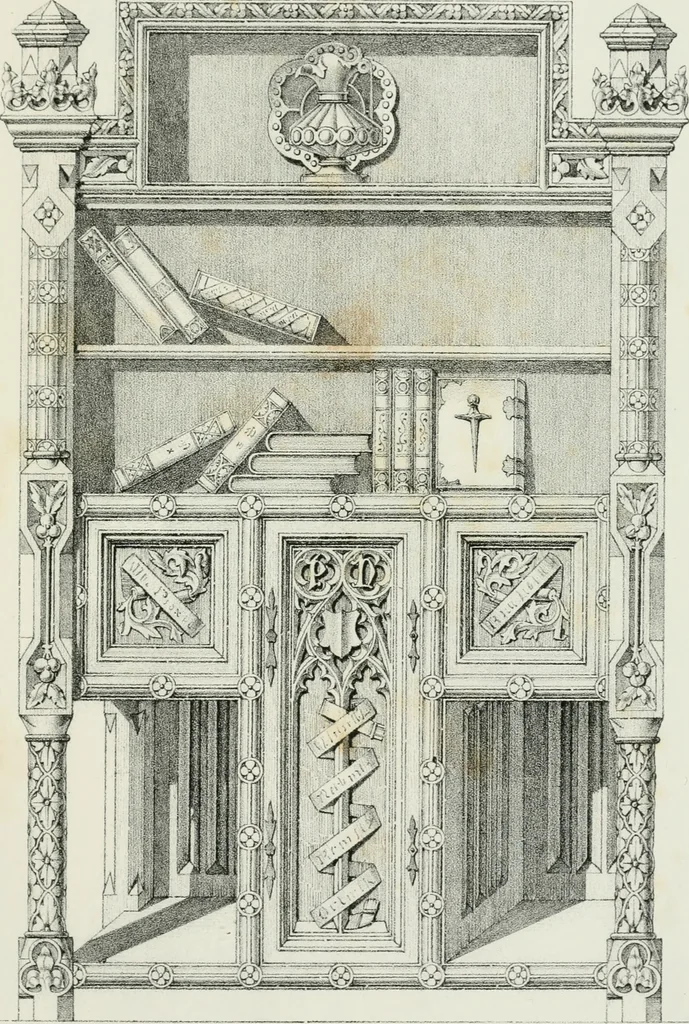 An illustration from Designs for Gothic ornaments & furniture, after the ancient manner, for ecclesiastical and domestic purposes, for the use of architects, and workers in metal, stone, wood, etc., etc, 1854, leaf 20