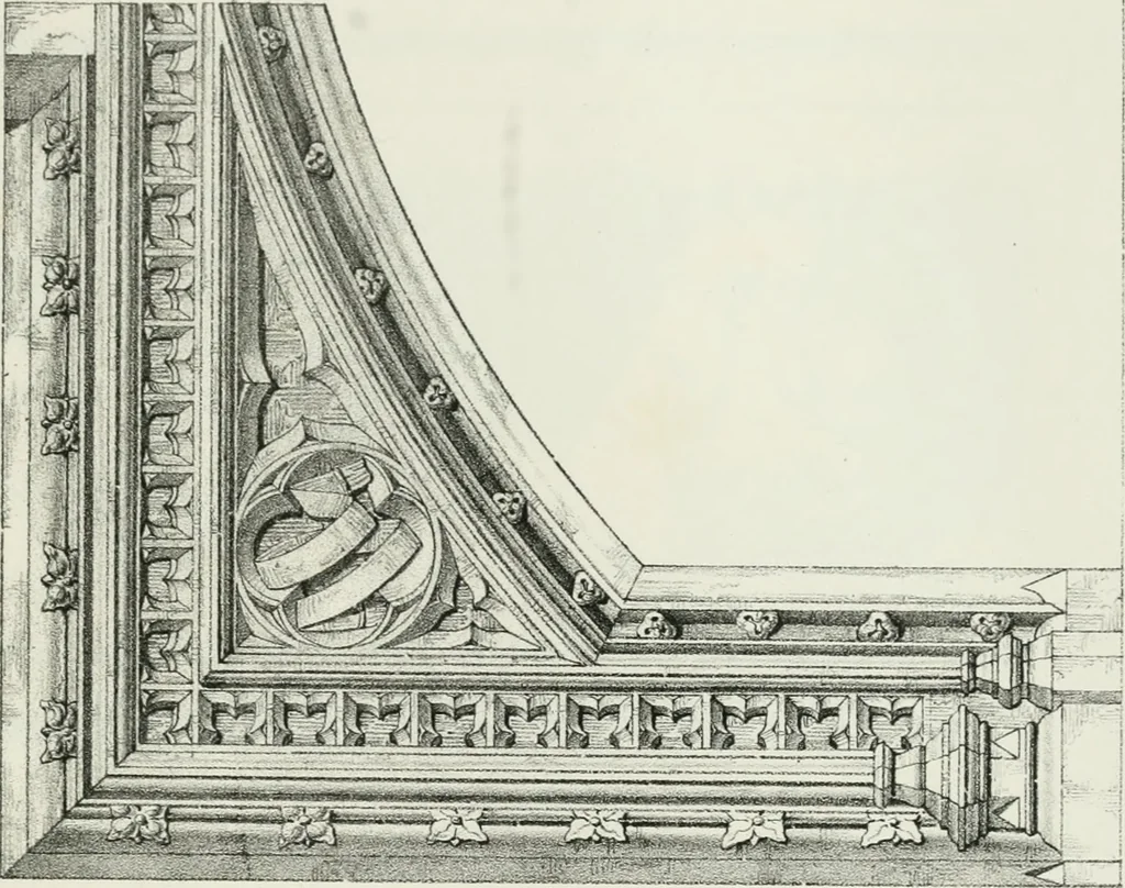 An illustration from Designs for Gothic ornaments & furniture, after the ancient manner, for ecclesiastical and domestic purposes, for the use of architects, and workers in metal, stone, wood, etc., etc, 1854, leaf 28